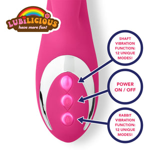 Up close photo of hot pink Lubilicious Igniter rabbit vibrator with dual motor controls buttons one for the shaft vibration with 12 modes, one for the rabbit vibration function with 12 modes and one with the power on and off button