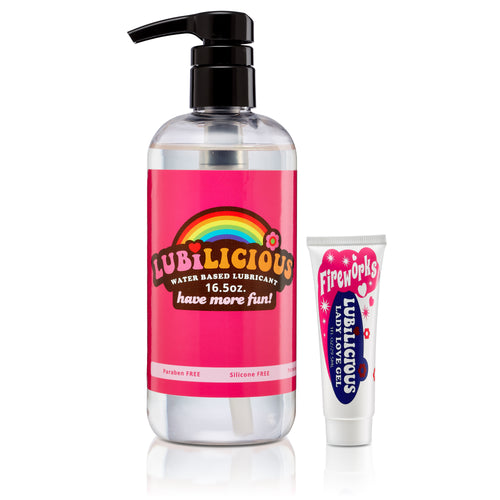 extra large 16.5 oz bottle of original water based lube and 1 oz tube of clitoral stimulation gel Fireworks made by Lubilicious - have more fun!