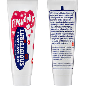 front and back of 1 oz tube of Fireworks stimulating gel for clitoris. Logo on front of bottle by Lubilicious. Instructions and ingredients on the back - water, peppermint extract for increased blood flow and heightened orgasms
