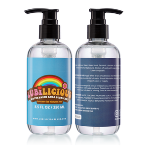 front and back of 8.5 oz bottle of Lubilicious Anal Lube personal lubricant for butt play with instructions and ingredients on back made in USA water based lube
