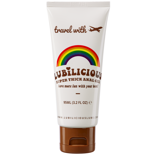 Lubilicious Super Thick Anal Jelly in a 3.2 oz travel-sized tube, anal gel on the go, featuring a rainbow design and the slogan 'have more fun with your bum