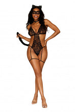 Load image into Gallery viewer, Frisky Kitty Lace Garter Teddy 4pc Set Black O/s
