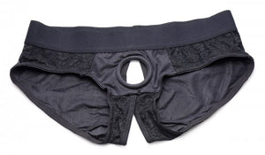 Strap U Lace Envy Crotchless Panty Harness Black S/m
