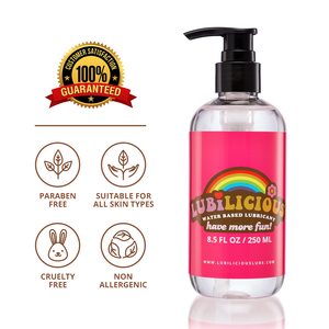 bottle of Original water based personal lubricant 8.5 oz with badges 100% satisfaction guaranteed, paraben free, suitable for all skin types, no animal testing, cruelty free, non allergenic, hypoallergenic, safe for pH, safe to use