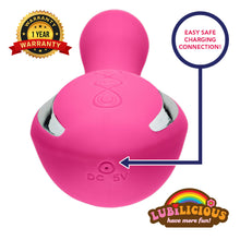 Load image into Gallery viewer, up close photo of USB charging connection to charge Lubilicious Igniter rabbit vibrator that is waterproof and medical grade silicone with lithium ion battery and warranty badge
