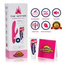 Load image into Gallery viewer, The Igniter vibrator kit package by Lubilicious dildo vibrator with dual motor and Fireworks clitoris stimulating peppermint gel with warranty badge 
