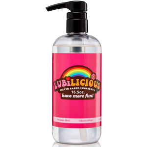 large 16.5 oz bottle of Lubilicious personal lube water based to help with vaginal dryness and pain during sex comes with pumping screw-on top and logo have more fun!