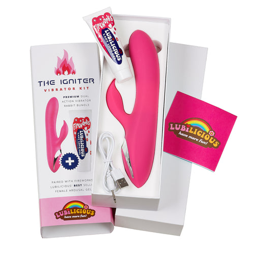 The Igniter Vibrator Kit by Lubilicious with hot pink rabbit vibrator with separate vibration controls for shaft and clitoral piece paired with Fireworks female arousal gel with warranty badge