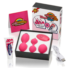 Load image into Gallery viewer, The Ultimate Kegel Kit by Lubilicious containing three ben wa balls, one that vibrates with a remote control, all hot pink, USB rechargeable paired with female arousal gel Fireworks clitoral stimulation and 100% satisfaction guaranteed badge
