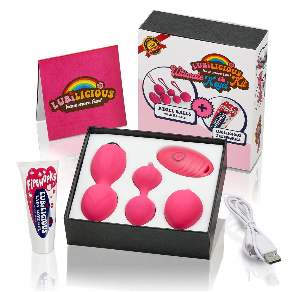 The Ultimate Kegel Kit by Lubilicious containing three ben wa balls, one that vibrates with a remote control, all hot pink, USB rechargeable paired with female arousal gel Fireworks clitoral stimulation and 100% satisfaction guaranteed badge