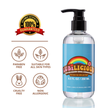 Load image into Gallery viewer, Lubilicious 8.5 oz bottle of Anal Lube with badges that it’s paraben free, hypoallergenic, suitable for all skin types, non allergenic, cruelty free, and 100% satisfaction guaranteed

