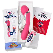 Load image into Gallery viewer,  Lubilicious Double Dynamite Vibrator Kit laid out - double ended g-spot vibrator for couples or solo play with dual motors and USB charger - limited lifetime warranty - paired with Fireworks arousal gel for women’s climaxes
