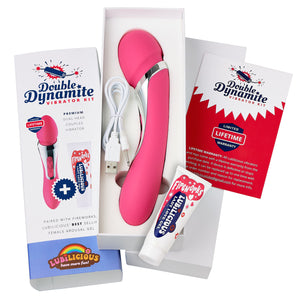  Lubilicious Double Dynamite Vibrator Kit laid out - double ended g-spot vibrator for couples or solo play with dual motors and USB charger - limited lifetime warranty - paired with Fireworks arousal gel for women’s climaxes