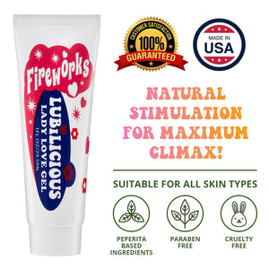1 oz tube of Lubilicious Fireworks Lady Love Gel natural stimulation for maximum climax with peppermint and paraben free and cruelty free badge and suitable for all skin types and made in the USA and 100% satisfaction guaranteed