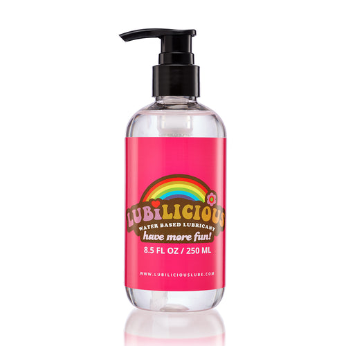 front of bottle of Lubilicious 8.5 oz Original water based lube - have more fun with safer sex sexual wellness sex positivity