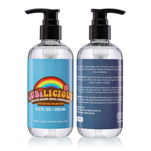 Load image into Gallery viewer, front and back of 8.5 oz bottle of Lubilicious Anal Lube personal lubricant for butt play with instructions and ingredients on back made in USA water based lube
