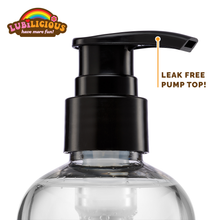 Load image into Gallery viewer, close up photo of leak free pump top on Lubilicious 8.5 oz bottle of Anal Lube for anal sex and butt play
