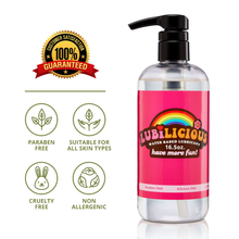 Load image into Gallery viewer, supersize bottle 16.5 oz of Lubilicious Original lubricant water based slick smooth gel to help with friction during sex with badges showing 100% satisfaction guarantee, paraben free, suitable for all skin types, hypoallergenic, cruelty free
