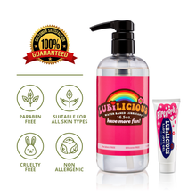 Load image into Gallery viewer, supersized bottle of Lubilicious’ original sexual lubricant water based and 1 oz bottle of Fireworks female arousal gel with badges next to it saying 100% satisfaction guaranteed, paraben free, hypoallergenic, cruelty free, and suitable for all skin types
