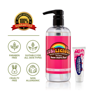 supersized bottle of Lubilicious’ original sexual lubricant water based and 1 oz bottle of Fireworks female arousal gel with badges next to it saying 100% satisfaction guaranteed, paraben free, hypoallergenic, cruelty free, and suitable for all skin types